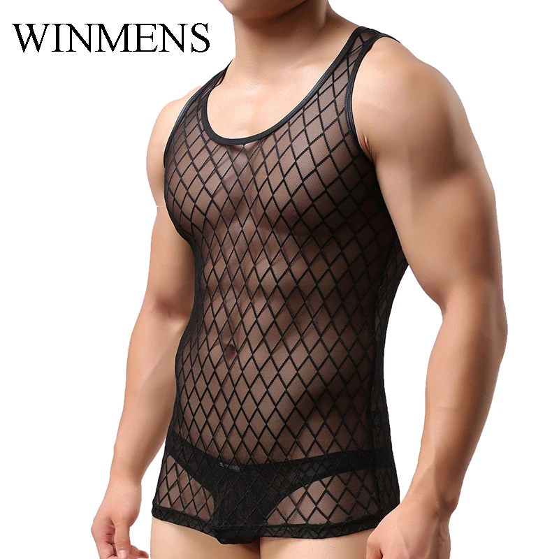 Men's Sleeveless Undershirt See Through Diamond Mesh Vest Summer Breathable V-neck Singlet  Sheer Fishnet Gay Slimming Shirts