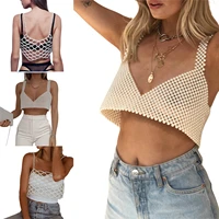 womens camisole adult solid color sleeveless hollow out bead decoration matching vest sling crop tops