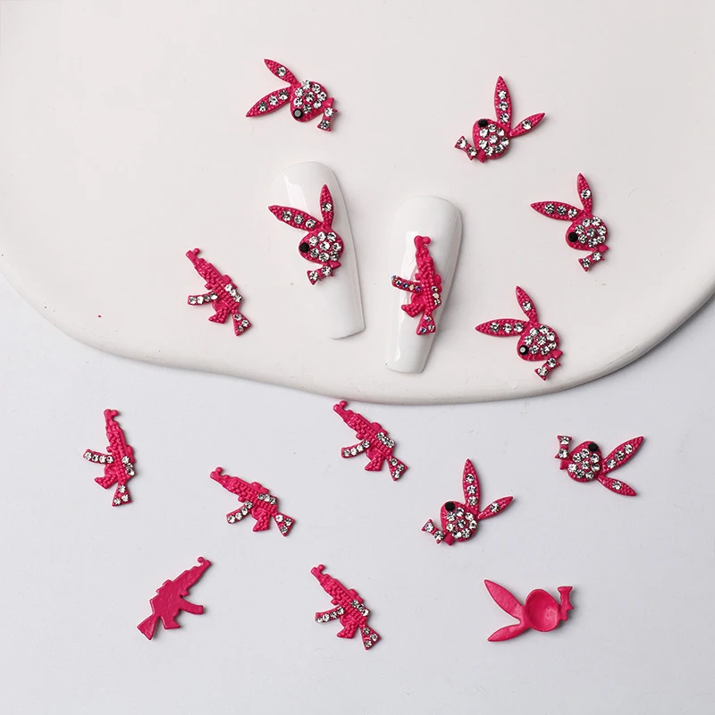 

10pcs Hot Pink Bunny Nail Charms 3D Glitter Gun Shape Nails Rhinestones Jewelry DIY Nail Art Tips Decoration Accessor