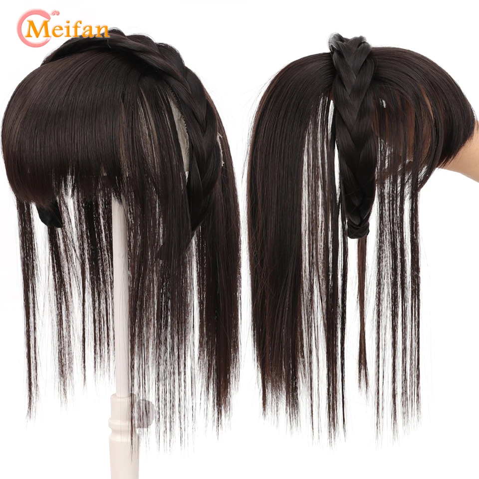 

MEIFAN Synthetic Topper Hairpiece With Braids Headband Bangs Fringe Bands Heat Resistant Bangs Clip in Hair Extensions Hairpiece