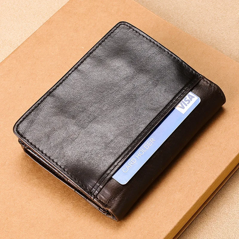 2022 New 100% Leather Crazy Horse Leather Multifunctional 12 Card Men's Wallet Leather RFID Buckle Leisure Retro Leather Wallet