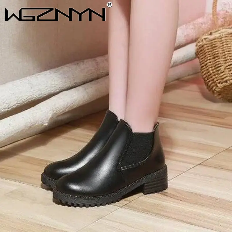 

Женские ботинки челси на толстом среднем каблуке, кожаные ботинки в стиле панк, с круглым носком, на резинке, без застежки, новинка осенне-зи...