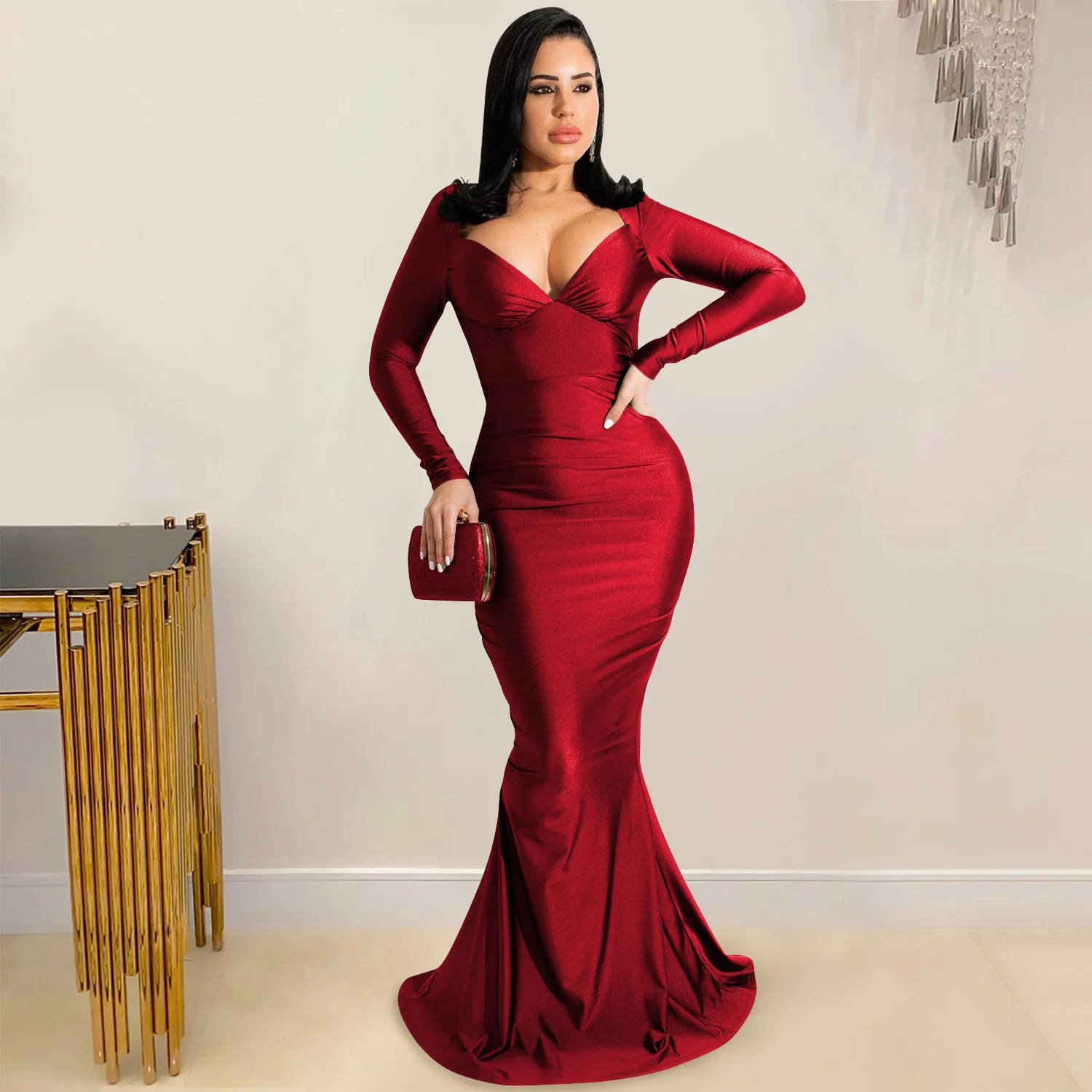 

Wepbel New Bodycon Maxi Dress Women Long Sleeve Solid Color and V-neck Backless Maxi Dress Low Cut Party Formal Long Dress