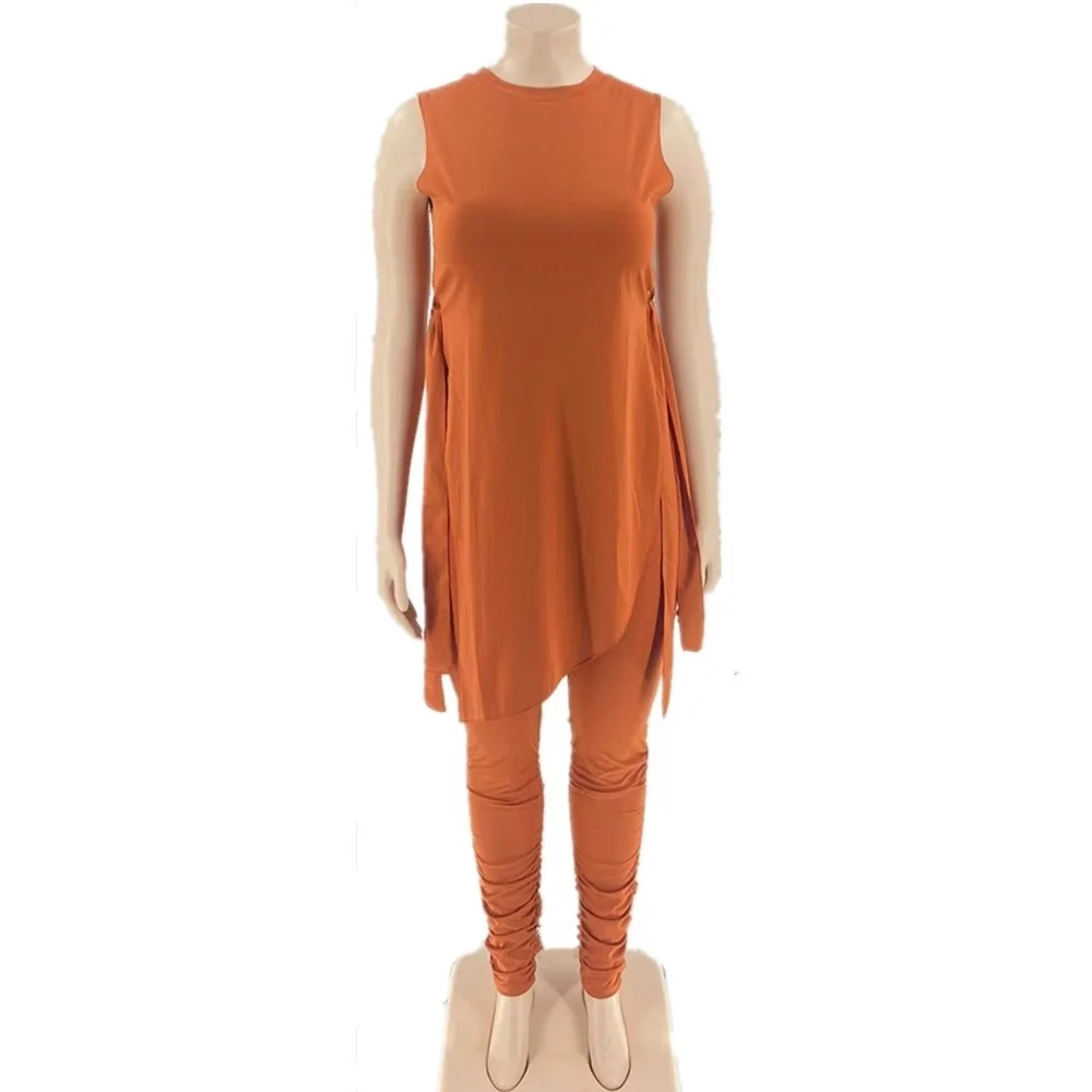 Plus Size Casual Women Clothing Two Piece Outfits Sleeveless Round Neck Bandage Crop Tops Pants Sets Wholesal 3xl 4xl 5xl 6xl