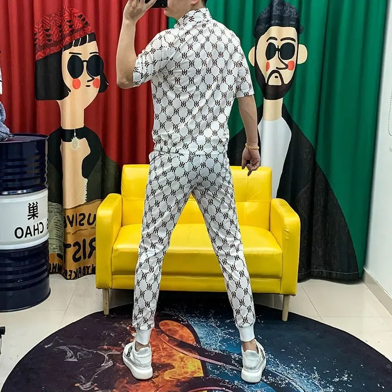 Men's Ice Silk Casual Print Suit Summer New Fashion Trend Zipper Stand-Up Collar Cardigan Top Trousers Two-Piece Set