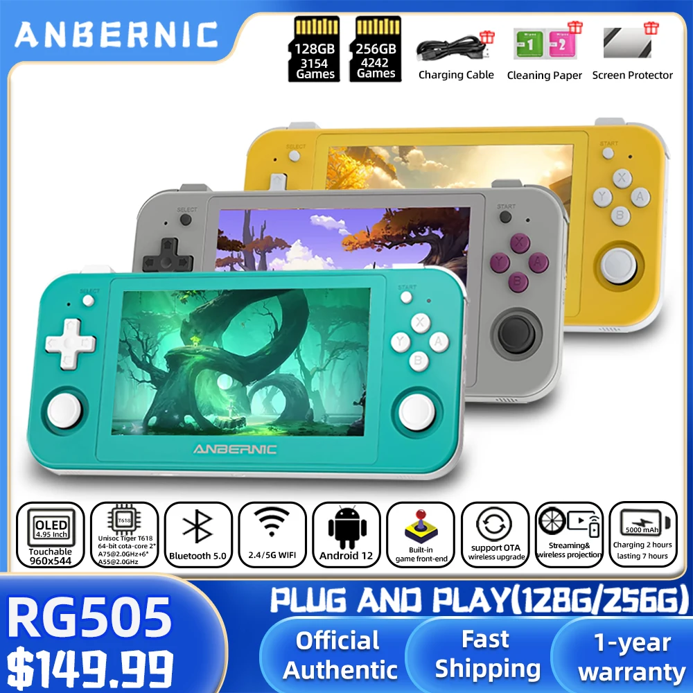 

ANBERNIC RG505 New Handheld Game Console Android 12 System Unisoc Tiger T618 4.95-INCH OLED With Hall Joyctick OTA Update