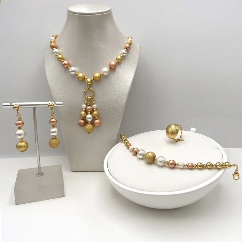 

Women Beads Jewelry African Gold Color Jewelry Sets Nigeria Necklace Earrings Set Wedding Dating Gift