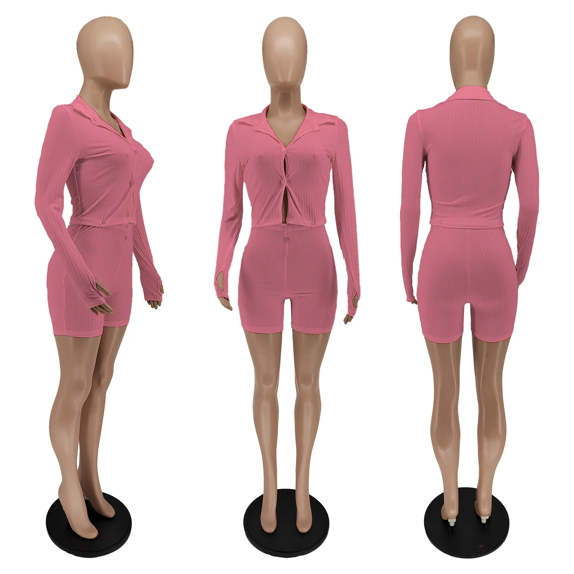 Однотонный вязаный женский костюм из двух предметов в рубчик 2022 повседневный