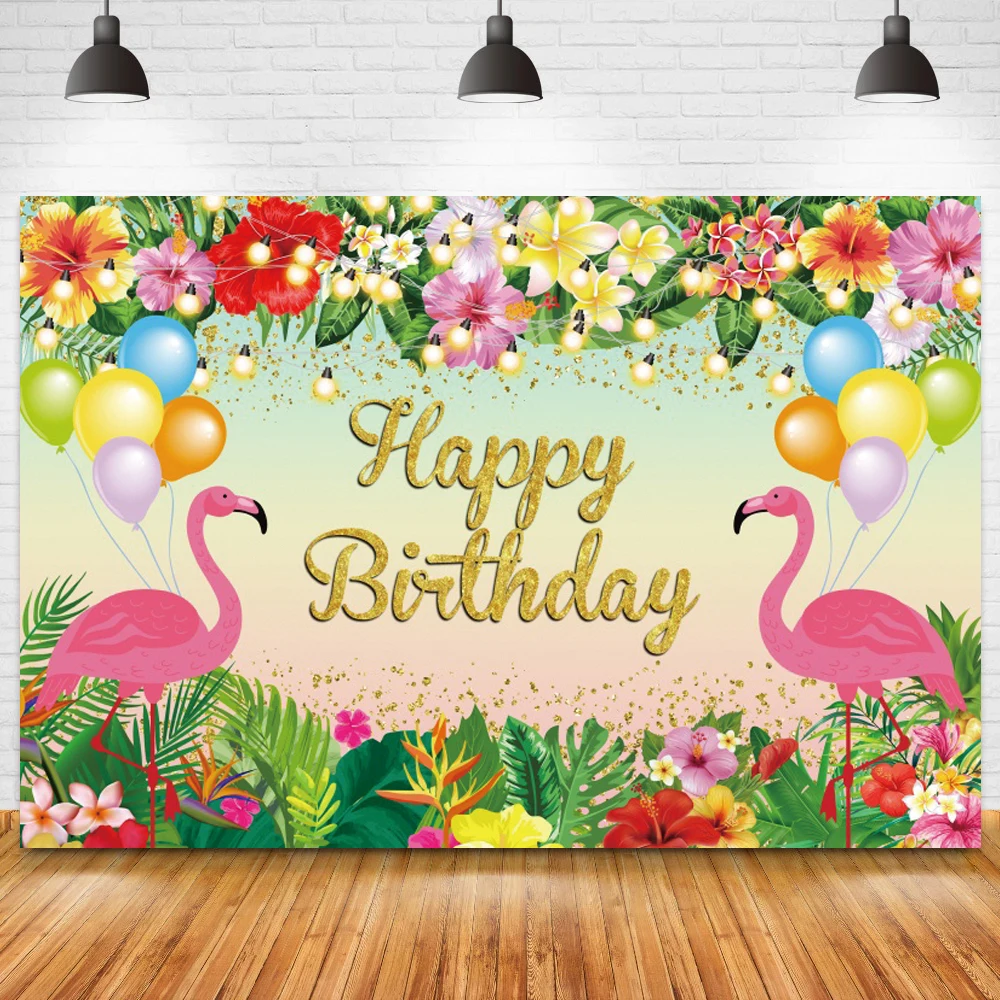 

Фон для фотосъемки с изображением фламинго, летнего дня рождения, воздушного шара, украшения для вечеринки, цветов, постер для фотосъемки, р...