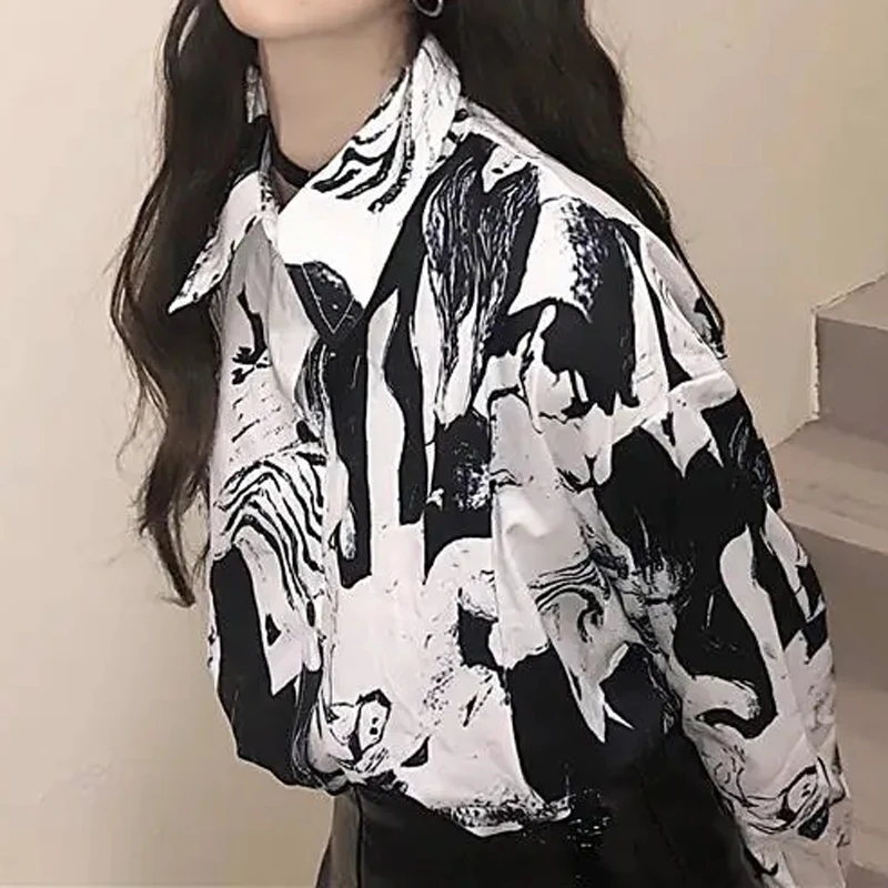 Женская рубашка с длинным рукавом и принтом в стиле Харадзюку | одежда