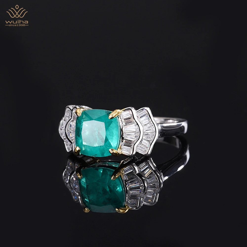 

WUIHA Luxury 925 Sterling Silver White Gold 8*8MM Emerald Sapphire Faceted Gemstone Ring Anniversary Gift Fine Jewelry Wholesale