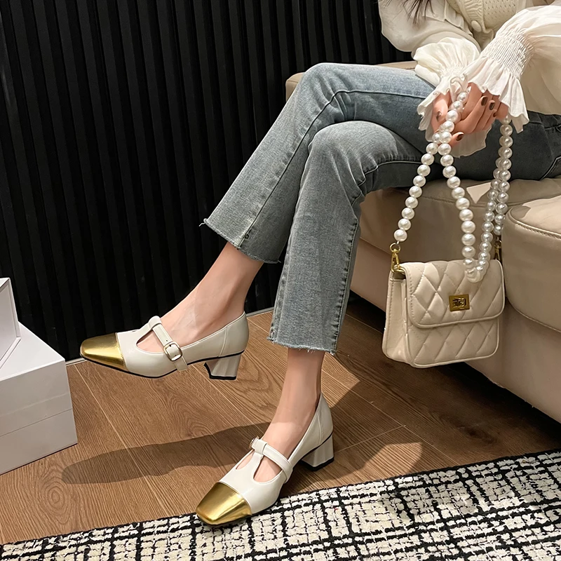 New Sheepskin Women's Shoes Square Headed Mid Heel Spliced Thin Strap Buckle Thick Heel Women's Shoes