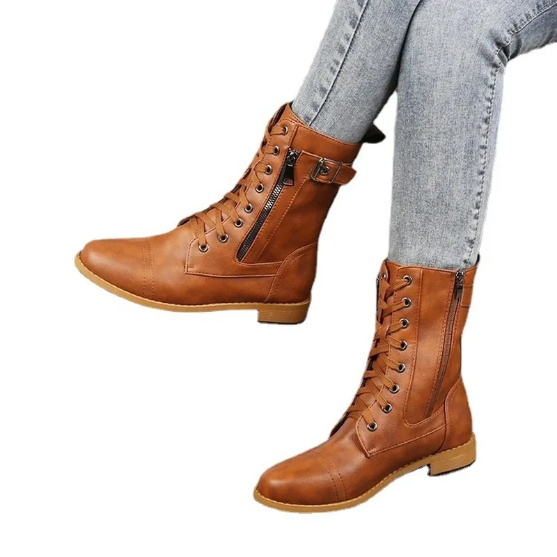 

2021 New European and American Round Head Martin Boots Women's Thick Heel Lace Up Solid Women's Low Barrel Women's Martin Boots