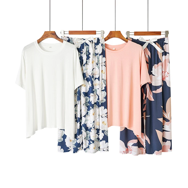 Leisure Japanese Style Summer Ladies Modal Cotton Pajamas Suit Simple Floral Pajamas Home Service Suit Women Two Piece Set