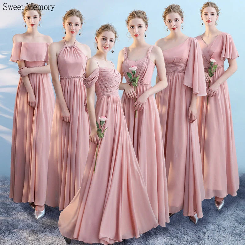 

Pink Chiffon Wedding Party Dress Floor Length New Fashion Junior Women Ladies Summer Prom Gowns Long Bridesmaid Dresses