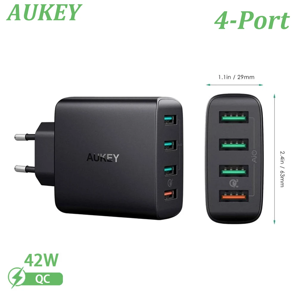 

Aukey PA-T18 EU Быстрая зарядка с 4 USB-портами 42 Вт зарядная станция для iPhone14/Huawei/xiaomi/быстрое зарядное устройство