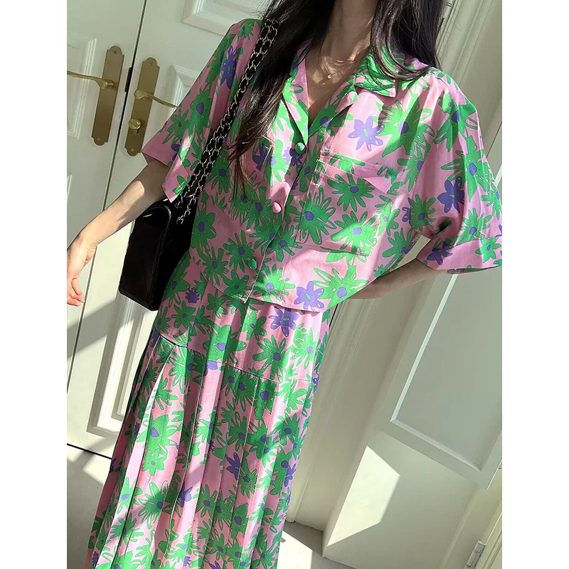 

Женские винтажные комплекты из 2 предметов, рубашка с тропическим принтом и плиссированная юбка миди с высокой талией, повседневные комплекты с юбкой, лето
