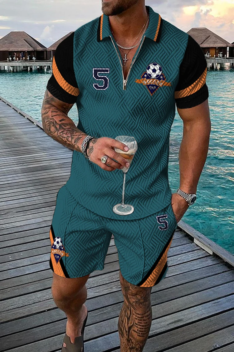 

Summer Men Sports Suit Fashion Short-sleeved Polo Shirt Suit Lapel Zipper Clothing 2-piece Casual Suit Street Wear Oversized