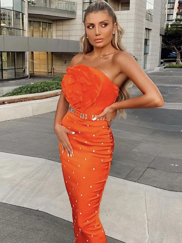

Ailigou 2022 New Summer Women Fashion Sexy Orange Beaded Appliqué Belt Skinny Women Strapless Mid Length Celebrity Party Dresses