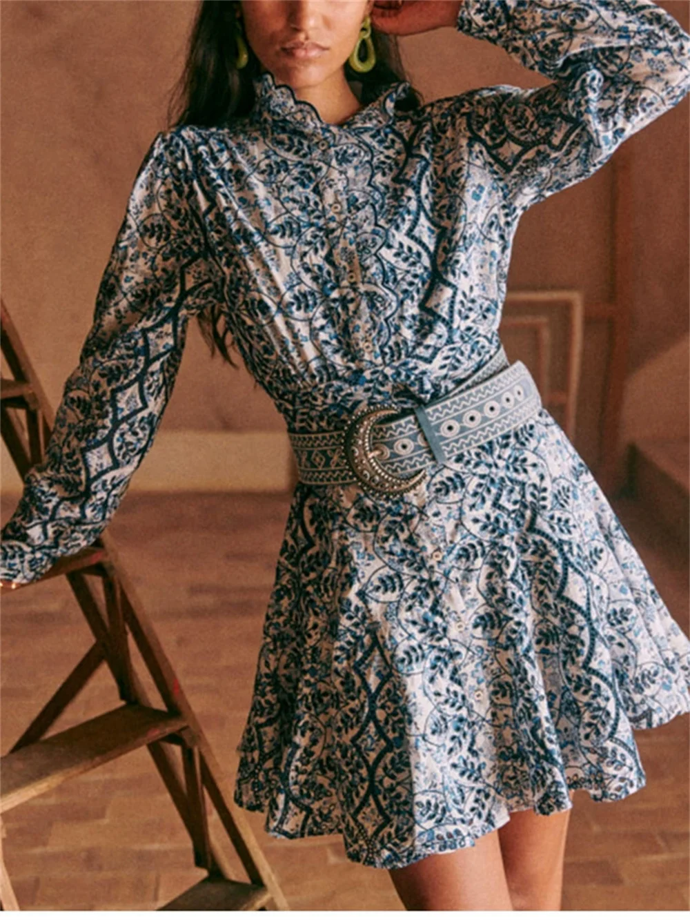 

Women Mini Dress Embroidery Ruffles Hollow Out Bohemian Robe