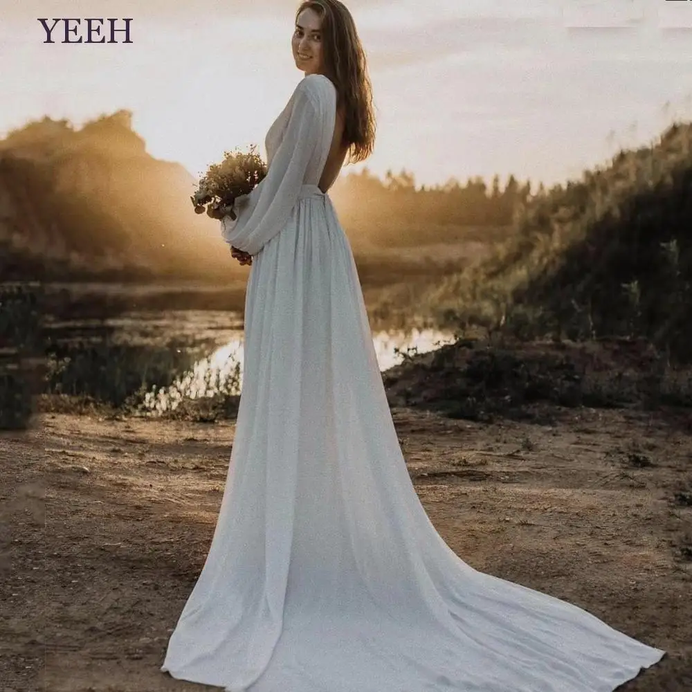 

YEEH Simple Chiffon V-neck Wedding Dress For Bride Beach Puff Sleeves Robe De Mariée Plain Backless Court Train Bridal Gown