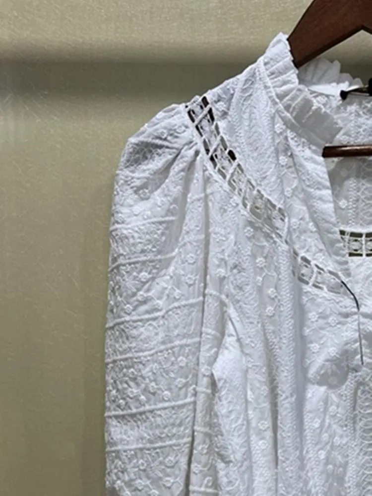 

Женская кружевная блузка с вышивкой, белая ажурная блузка с длинным рукавом-фонариком, милая рубашка и топы, весна-лето 2022