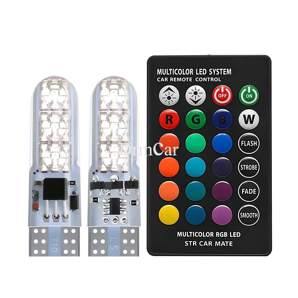 

2 шт. RGB автомобильные светодиодные лампы T10 W5W 5050 6SMD, сигнальные лампы бокового тормоза для дверного купола, внутренний светильник для чтения с дистанционным управлением, 12 В