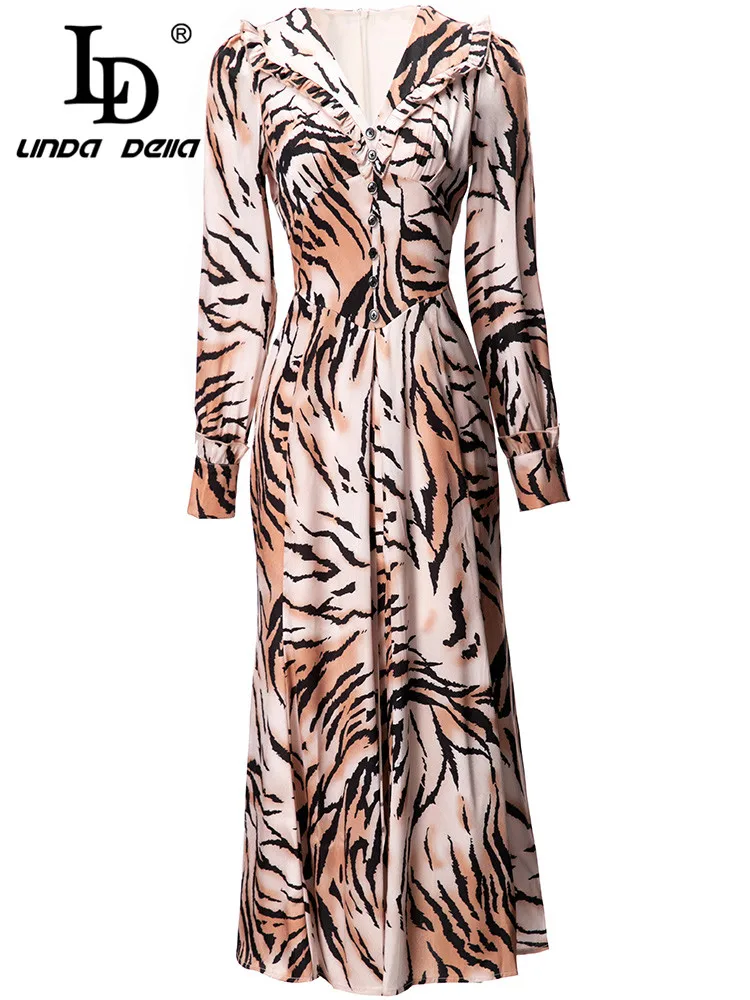 LD LINDA DELLA Designer Autumn Winter Fashion Vintage Dress Women's V Neck Long sleeve Tiger Skin Printing Slim Party Dress