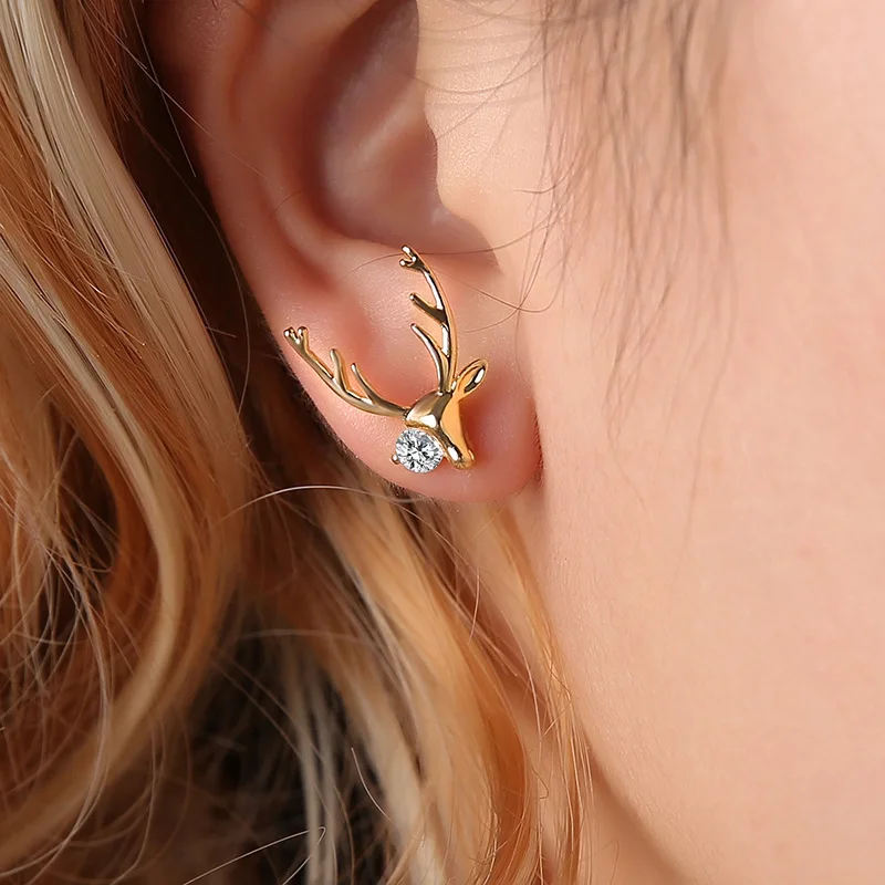 

New Trendy Zircon Crystal Elk Stud Earrings For Women Luxury Gold Color Lovely Small Earrings Korean Fashion Jewelry