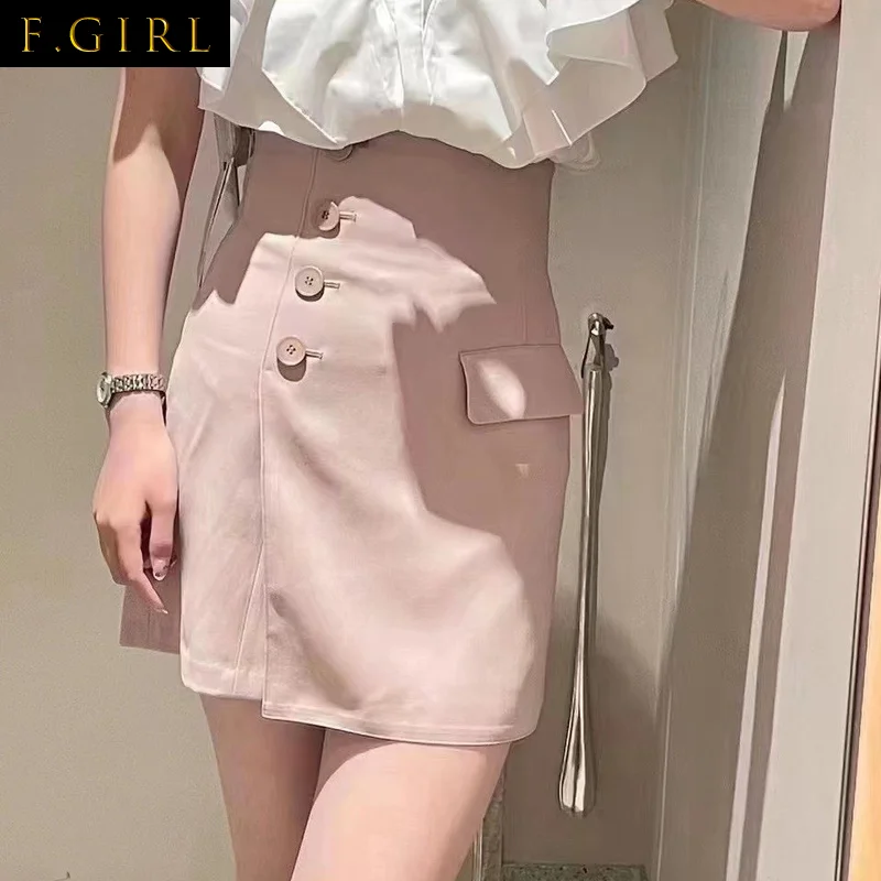 

F GIRLS 2022 Summer New Mujer Faldas Japanese High Waist Slim Jupes Irregular Button Solid Color Skirt Patchwork Culottes