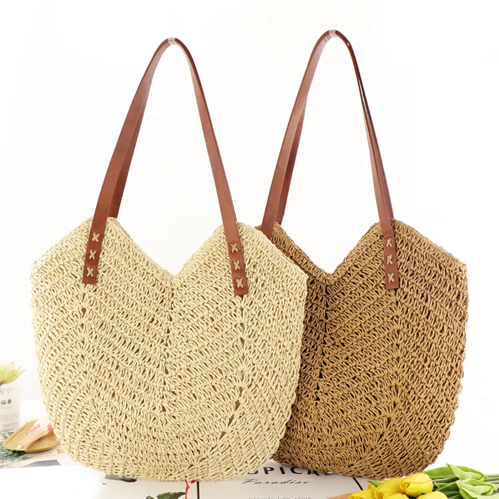 

Women Handbag Summer Beach Travel Bag Rattan Woven Handmade Knitted Straw Large Capacity Totes Leather Women Shoulder Bag