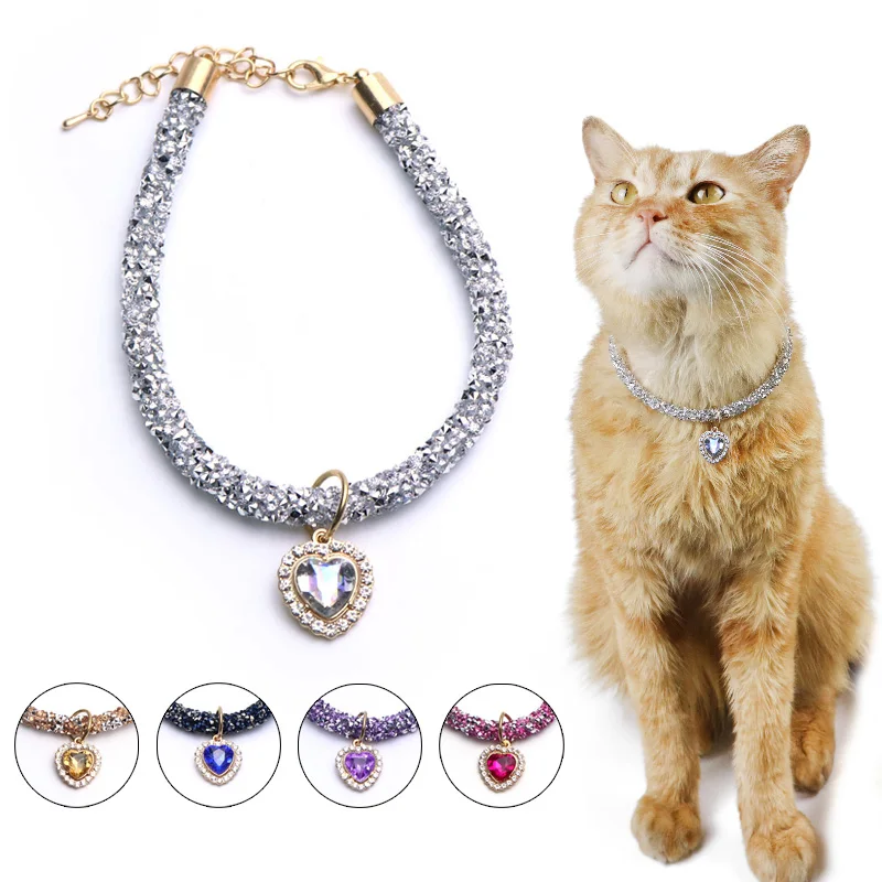 

Роскошный хрустальный ошейник для кошки, подвеска в форме сердца, драгоценного камня, фотоотражающее женское ожерелье, регулируемые Аксессуары для кошек, щенков, чихуахуа, домашних животных