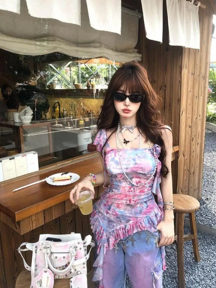 Seeslim Fairycore Tie Dye топы с лямкой на шее летние без рукавов в японском стиле одежда 2000-х