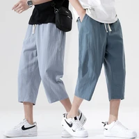 2022 summer new casual pants mens all match cotton and linen loose linen seven point straight pants