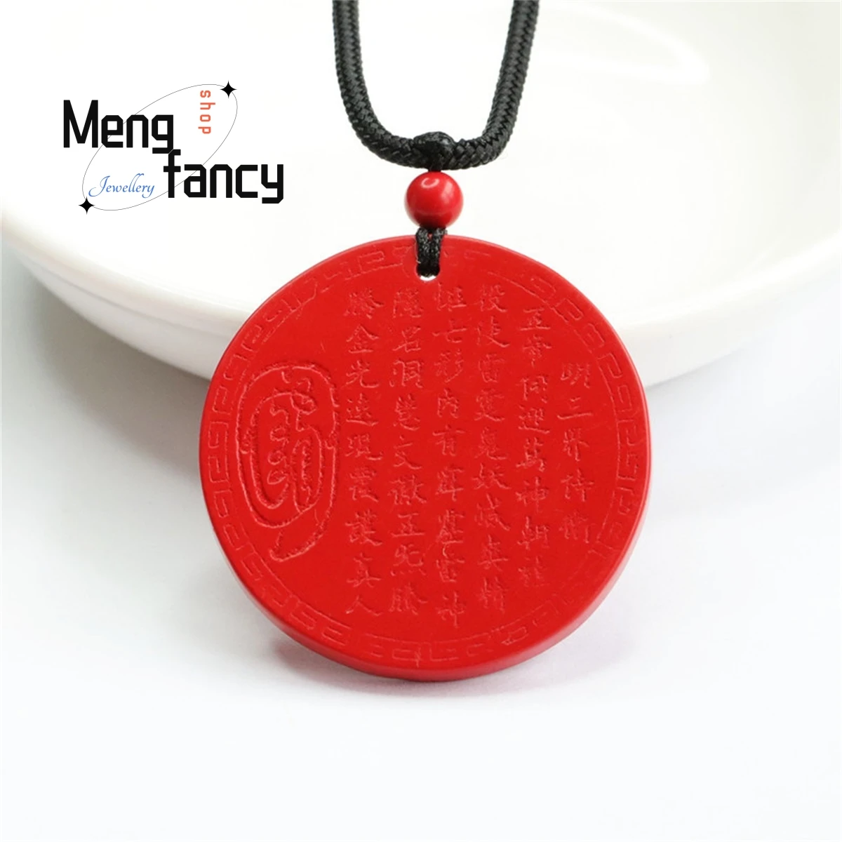 

Natural Authentic Red Cinnabar Round Golden Light Charm Double Sided Engraved Safety Sign Pendant Simple Elegant Fashion Jewelry