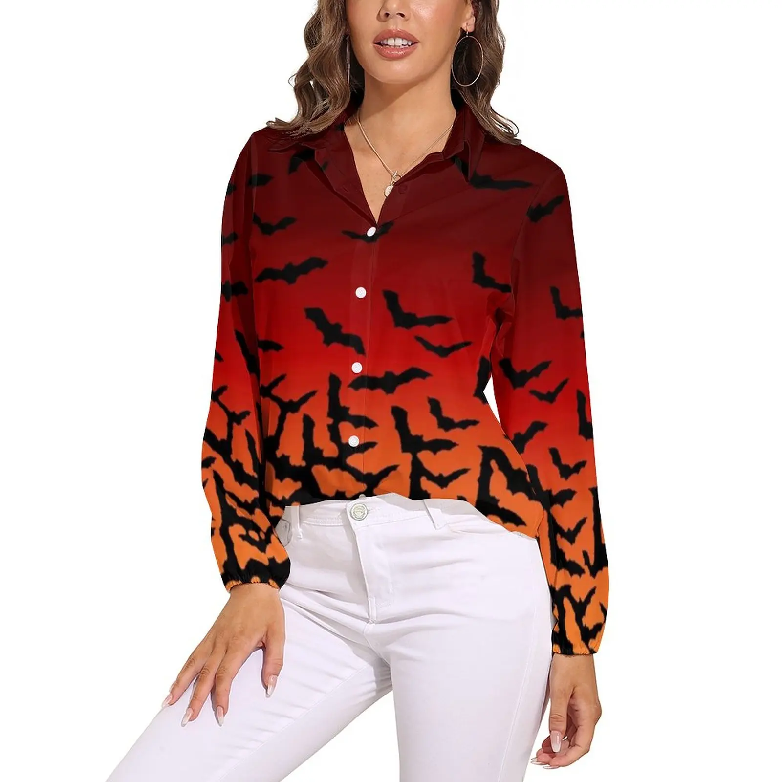 

Женская блузка с принтом летучая мышь и закат, осенняя Повседневная Блузка с длинным рукавом
