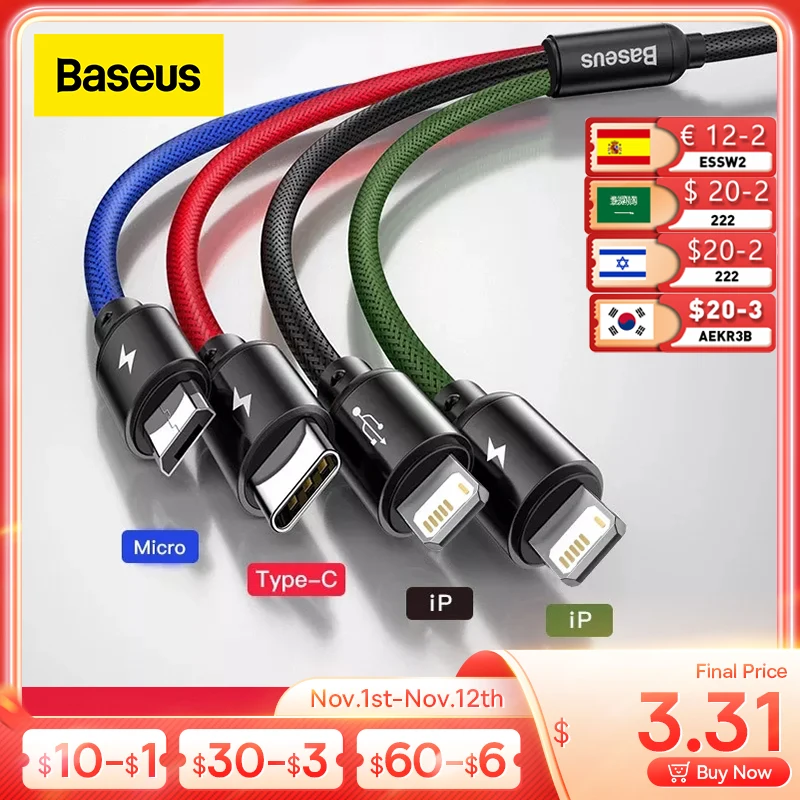 

Baseus 3 in 1 USB Cable Type C Cable for Samsung S20 Xiaomi Mi 9 Cable for iPhone 12 X 11 Pro Max Huawei Charger Micro USB Cable