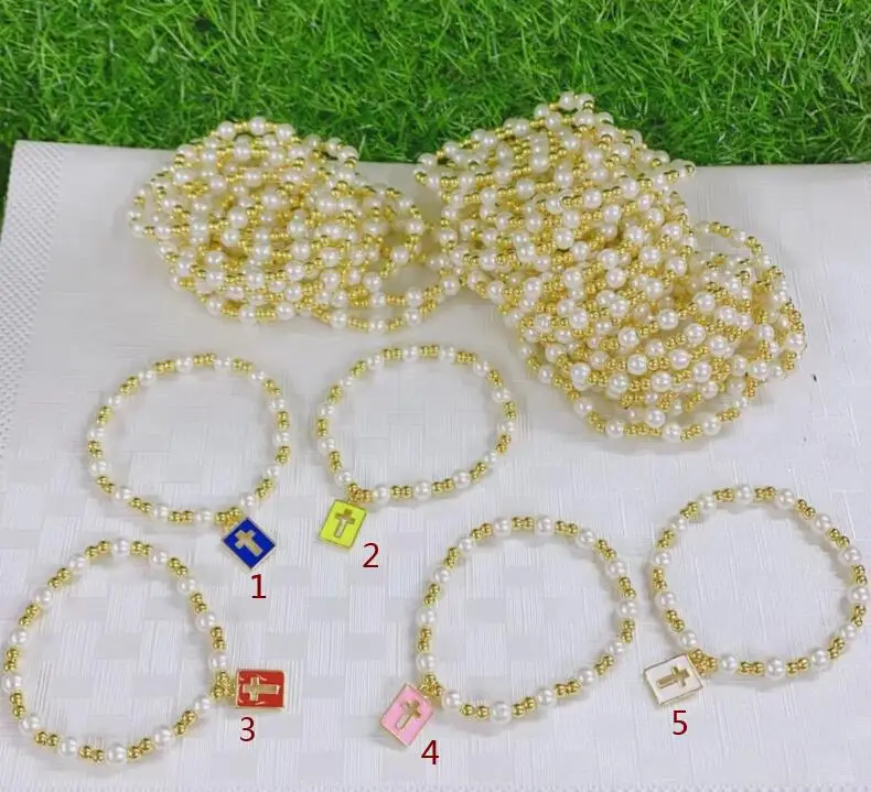 1pcs Pave CZ bohemian cross rectangle Copper Gold-plated bead plastic pearl elastic thread bracelet for girl women gift df3s - купить по