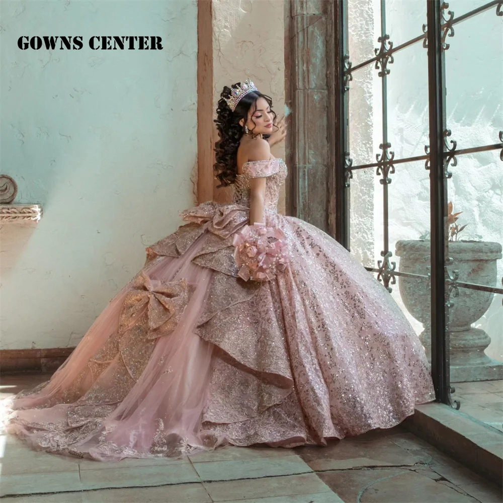 

Blush Pink Quinceanera Dresses Ball Gown For Sweet 16 Bow Sequined Graduation Party Princess Vestido De 15 anosفساتين مناسبة رسم