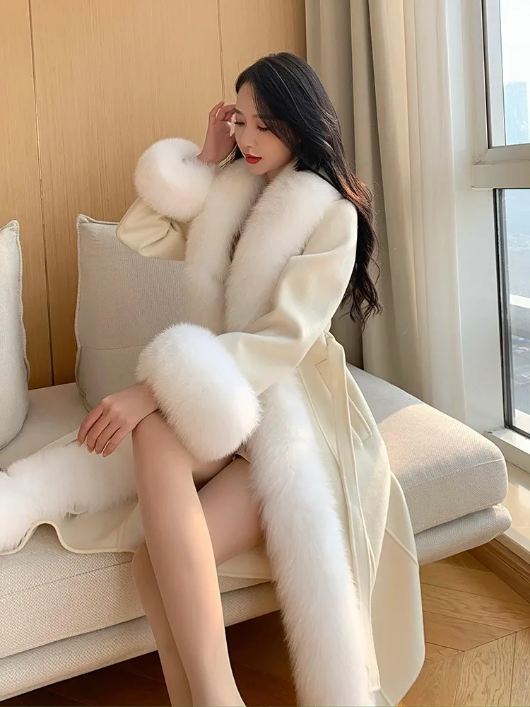 Женское длинное кашемировое полупальто теплое с большим воротником из