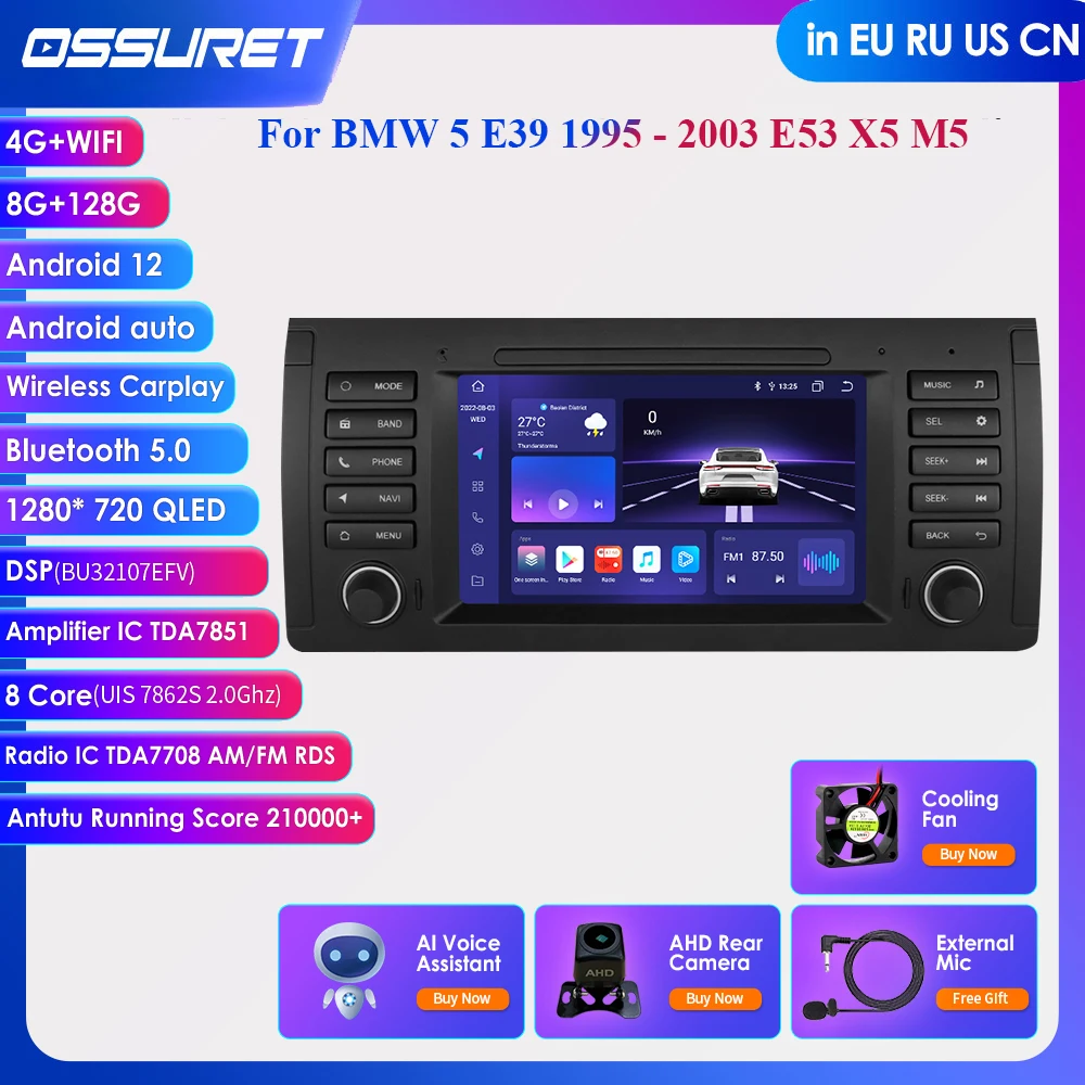 8G 128G Carplay 7Inch 1 Din Android 12 Car Radio Multimedia for BMW 5 Series E39 X5 E53 M5 1996 - 2003 Navigation RDS Stereo GPS