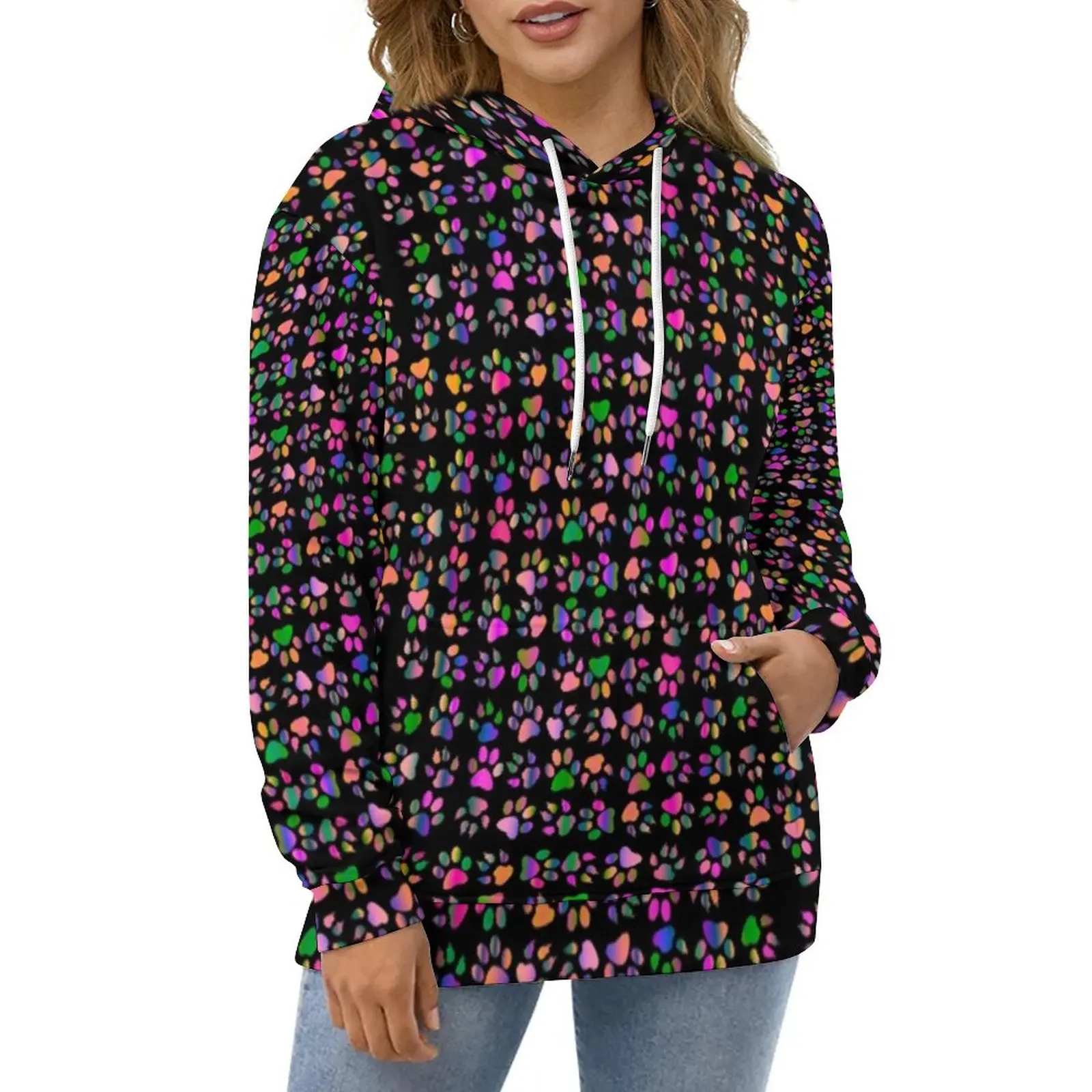 

Colorful Dog Paws Casual Hoodies Rainbow Print Kawaii Hoodie Ladies Long Sleeve Oversized Street Wear Graphic Loose Clothing