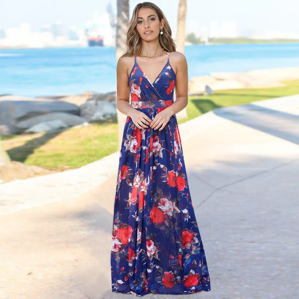 

Boho Summer Strap Maxi Dress for Women Elegant High Waist Sexy V-neck Backless Long Vestidos de Mujer Beach Floral Dresses XXL