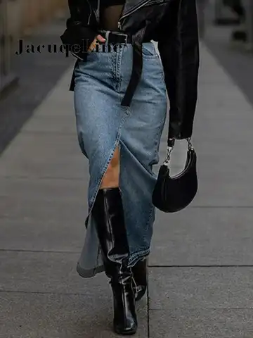 Jacqueline Burr Trim Split Denim Long Skirts High Waist Sexy Elegant 2023 Women Maxi Skirt Loose Fashion Office Lady Clothing