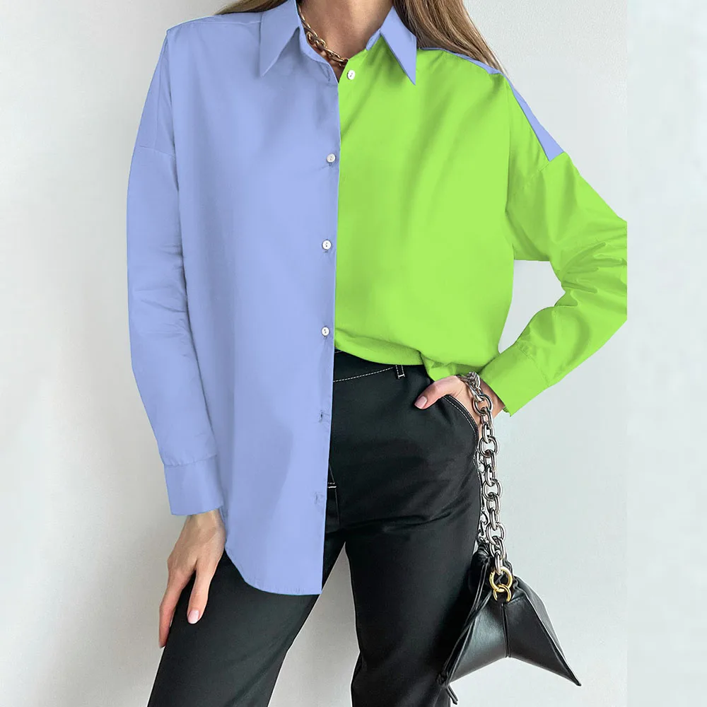 

Autumn Chic Shirt Blouse For Women Fashion Colorblock Casual Streetwear Spring Loose Long Sleeve Office Lady Button Shirt Top