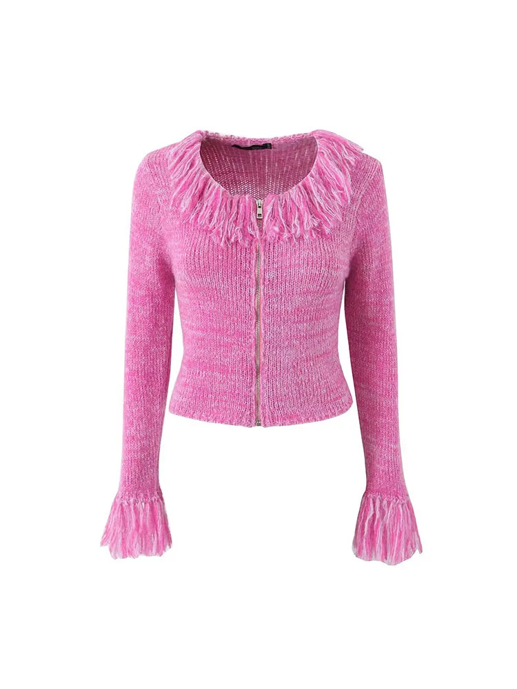 

PB&ZA Women New Fashion Fringed Short Sweater Cardigan Retro Long-Sleeved Zipper All-Match Casual Female Outerwear Chic Tops
