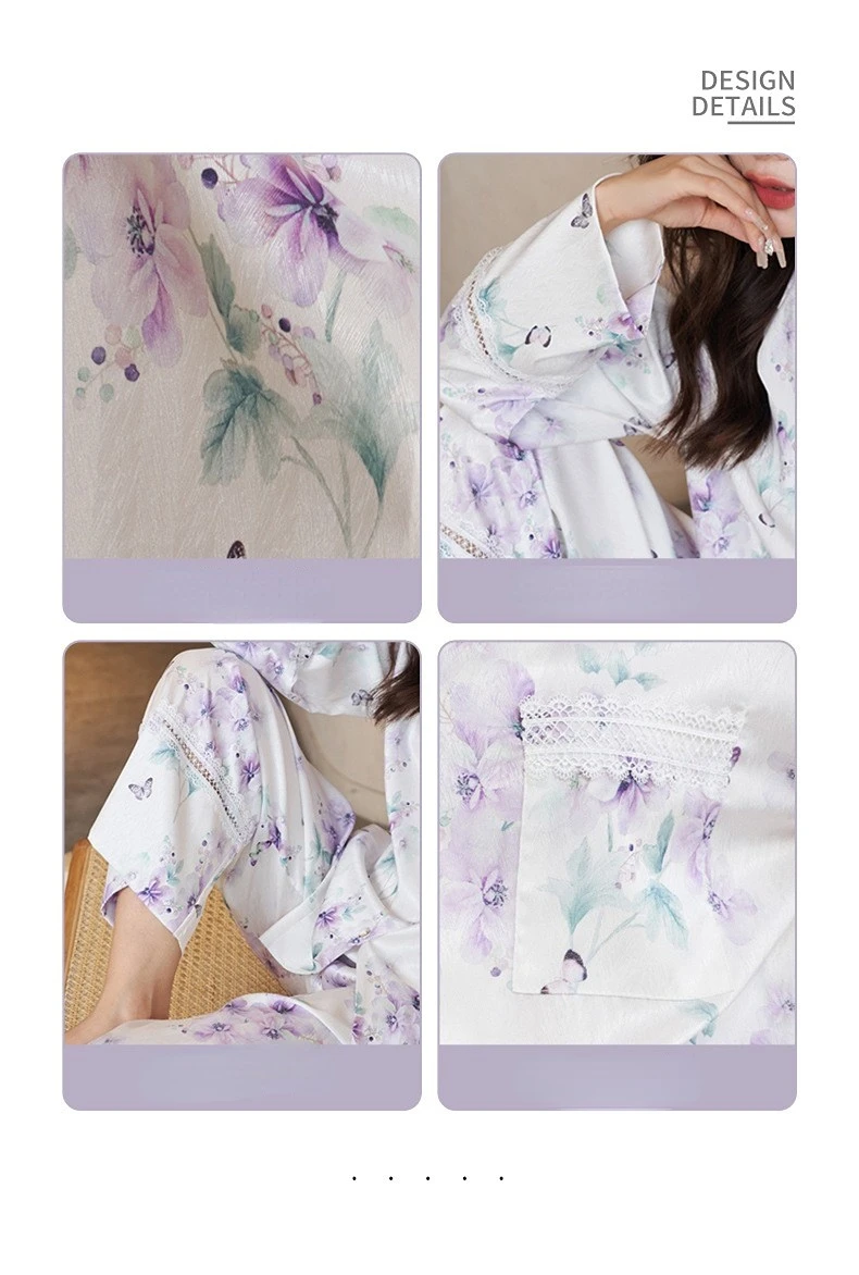 Women's 3 Piece Pajama Set Lapel Butterflies Flowers Pijama Ice Silk Pyjama Sleepwear Long Sleeve Shirt Pants Hair Band Homewear