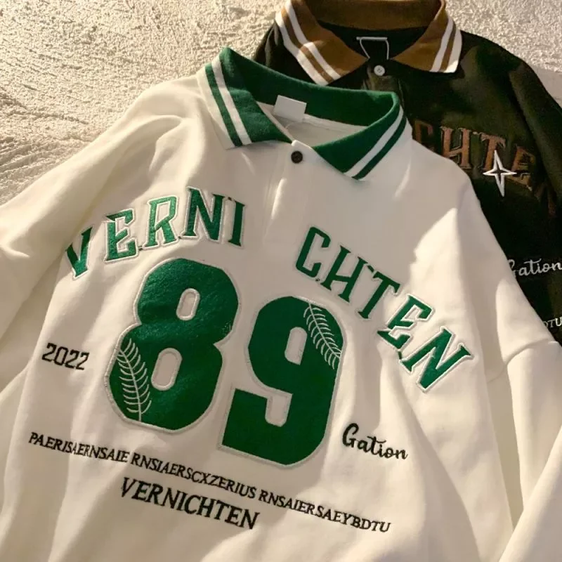 

Vinatge letter shirt Polo collar youth preppy personality popular student long-sleeved sweatshirt men women sports Korean top