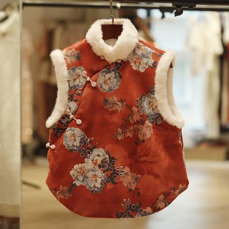 

Женский утепленный винтажный жилет в китайском стиле, новинка осенне-зимнего сезона, изысканный маленький короткий топ династии Тан, 1 шт.