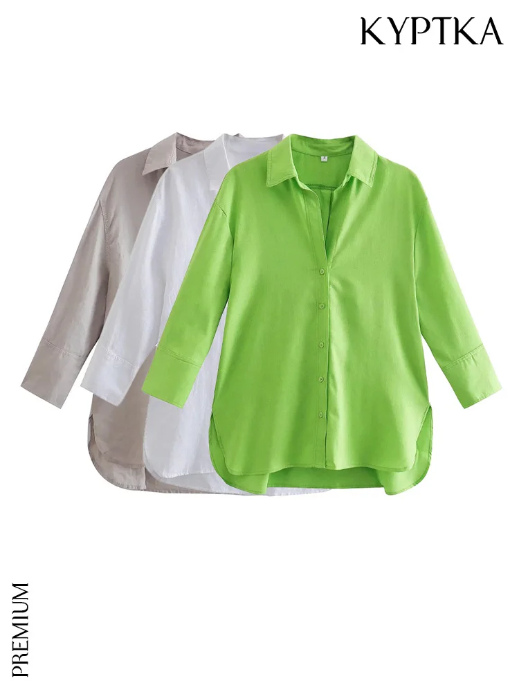 

Женские Модные свободные льняные рубашки KYPTKA, винтажные блузки с длинным рукавом, на пуговицах, с боковыми разрезами, шикарные топы, 2019